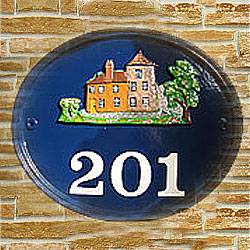Here is an example of a Mews number plaque in blue, demonstrating that a number can look very interesting when teemed up with a colourful emblem