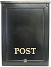 Shows front of post box. The lifting lockable door allows access to the mail
